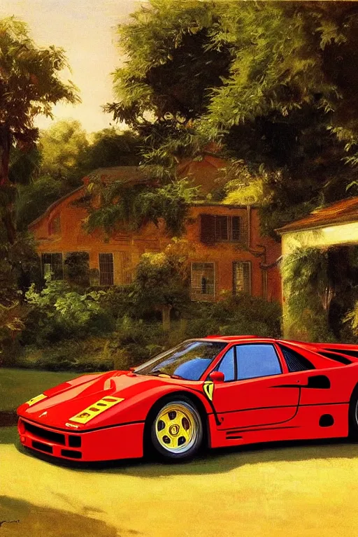 Prompt: ferrari f 4 0, golden hour, in a garden, artstation, by j. c. leyendecker and peter paul rubens,