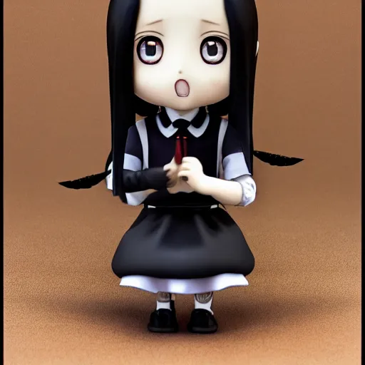 Image similar to Manga cover portrait of Wednesday Addams-chan anime girl sitting elegantly next to her pet crow in a noir Victorian setting, 3d render diorama by Hayao Miyazaki, official Studio Ghibli still, color graflex macro photograph, Pixiv, Daz Studio