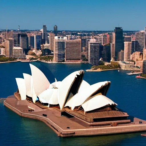 Image similar to a photo of the statue of liberty and the sydney opera house standing next to each other, high quality, 4 k, handheld, photorealistic