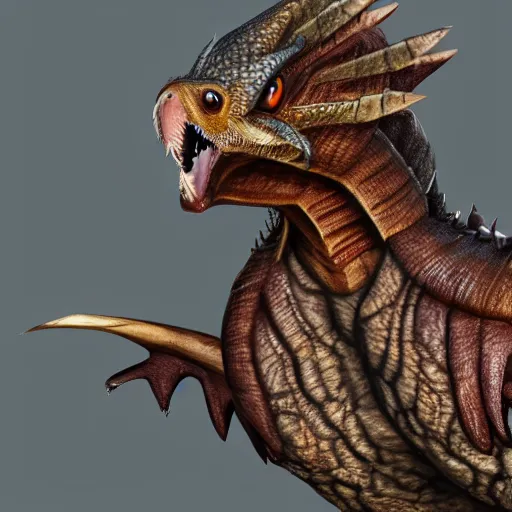 Prompt: medium sized brown feathered wyvern that stands on 2 legs with razor sharp teeth and sharp claws, extremely detailed, 4 k