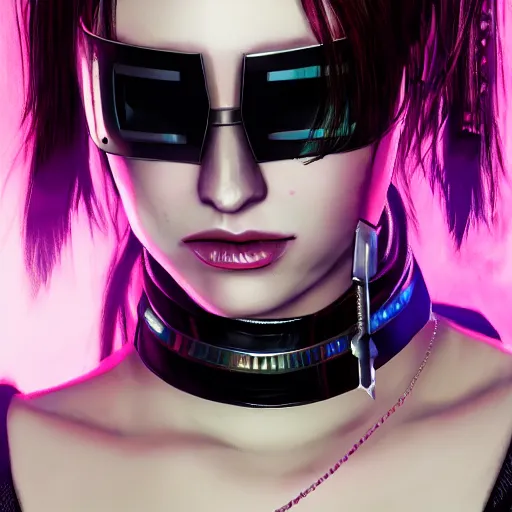 Image similar to detailed realistic female character cyberpunk wearing thick steel collar around neck, realistic, art, beautiful, 4K, collar, choker, collar around neck, punk, artstation, detailed, female, woman, choker, cyberpunk, neon, punk, collar, choker, collar around neck, thick collar, choker around neck, wearing choker, wearing collar,