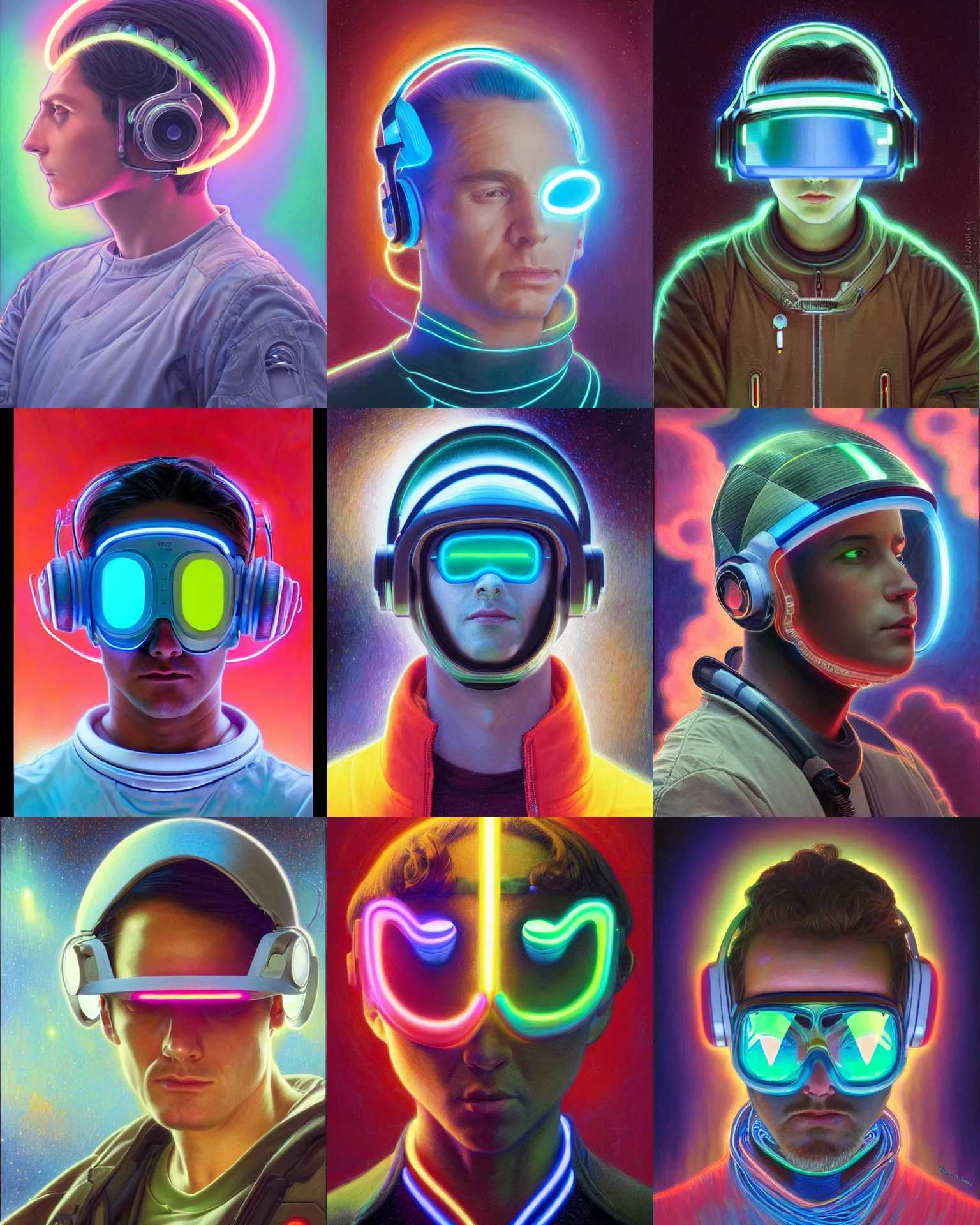 Prompt: future coder, glowing visor over eyes and sleek neon headphones headshot desaturated profile portrait colored pencil painting by donato giancola, dean cornwall, rhads, tom whalen, alex grey, alphonse mucha, astronaut cyberpunk electric fashion photography