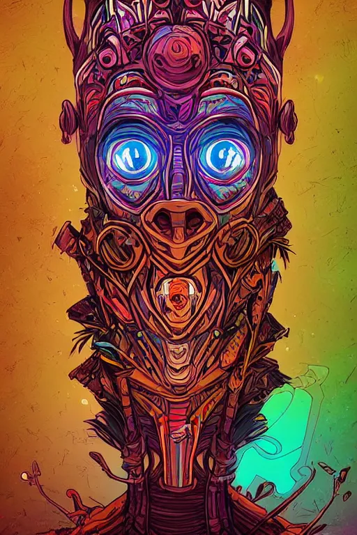 Image similar to totem animal tribal chaman vodoo mask feather gemstone plant wood rock video game illustration vivid color borderlands by josan gonzales and dan mumford radiating a glowing aura