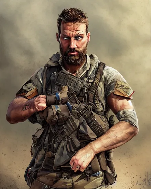 Image similar to portrait of muscular, tired and alcoholic 3 0 - year - old handsome man with short darkblonde hair, serious sad look in his eyes, dirty beard, blue eyes, crying tears, wearing dirty soldier uniform, on the desert, hyper realistic face, beautiful eyes, character art, art by mark brooks, hyperdetailed, cryengine, trending on artstation, digital art