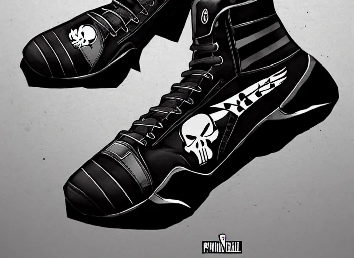 Image similar to basketball sneakers concept of punisher, trending on artstation, smooth, sharp focus