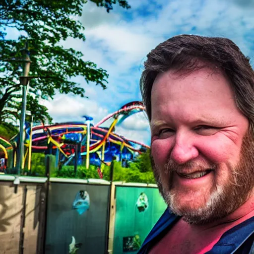 Prompt: phot of danny raede at a theme park