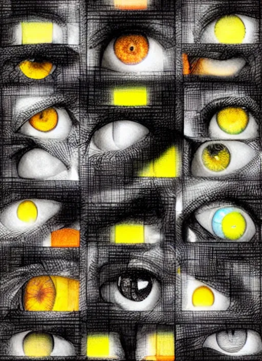 Image similar to grid montage of cube shaped eyes cubes, square shaped black dilated pupils cubes, cube shaped irises, detailed colored textures, lashes, advanced art, art styles mix, wet reflections in square eyes, sunshine light, hd macro photograph, from side, various cune eyelid positions, square black pupil centered