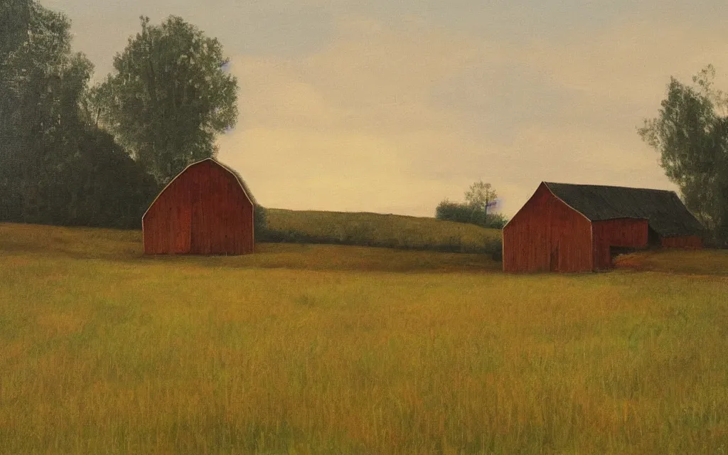 Image similar to a painting of an old haunted empty barn in summer evening, by peteris kalve, oil on canvas