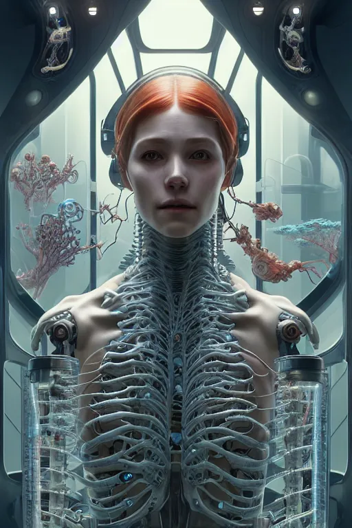 Image similar to ultra realistic, a beautiful cyborg woman's nervous system and organs are spread over a lab table, sci - fi, intricate details, eerie, highly detailed, octane render, 8 k, art by artgerm and alphonse mucha and greg rutkowski