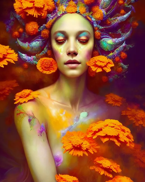 Image similar to Full View Portrait Mystical ethereal marigold deity wearing beautiful dress, marigold Dryad, 4k digital masterpiece by Anna dittman and Ruan Jia and Alberto Seveso, fantasycore, Hyperdetailed, realistic oil on linen, soft lighting, marigold background, featured on Artstation