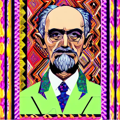 Image similar to portrait of a distinguished old man with formal cothing, kaleidoscopic shapes and colors in the background