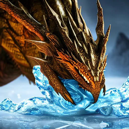 Prompt: a dragon shooting ice out of its breathe, cinematic shot, 8 k, digital art, hd, exquisite detail