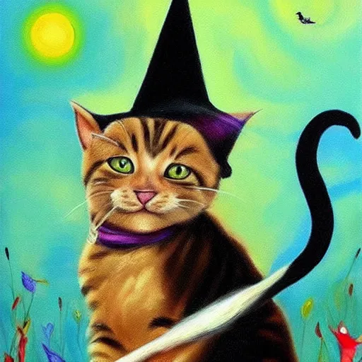 Image similar to beautiful work of art artistic painting realistic masterpiece where a cat comes out with a witch hat