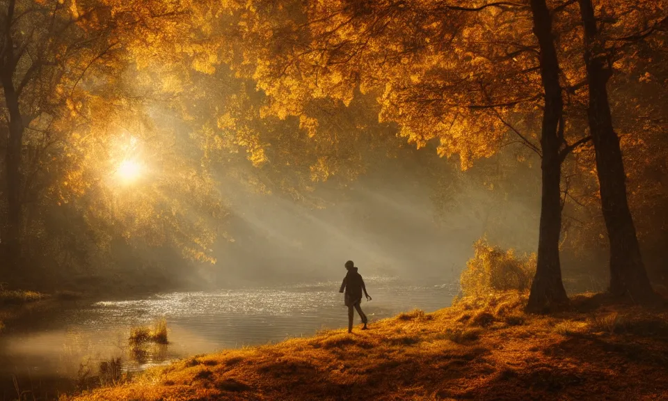 Image similar to A matte painting of an adventurer walking along the river bank in a forest during the golden hour in autumn, surrounded by dust and volumetric light shining through the tree tops