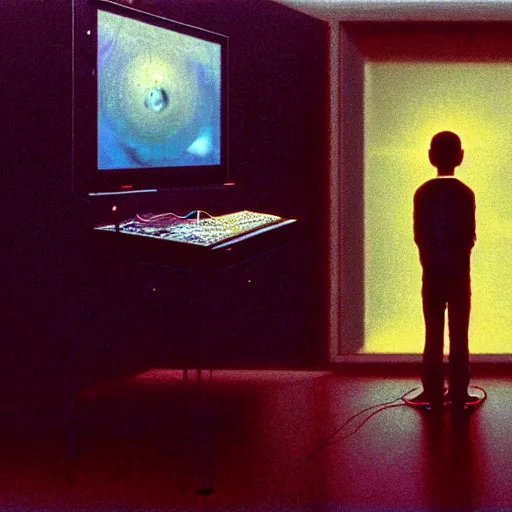 Image similar to 8k professional photo of an 8 years old enlightened and scared boy standing in front of an old computer from 90s with a game doom2 at the monitor screen in a vr vaporvawe space, Beksinski impasto painting, part by Adrian Ghenie and Gerhard Richter. art by Takato Yamamoto, masterpiece. still from a movie by Gaspar Noe and James Cameron