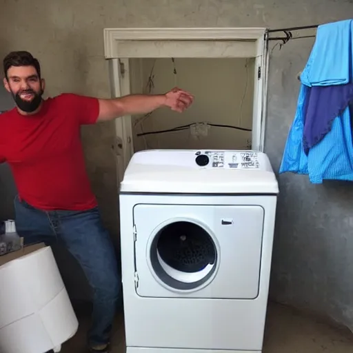 Image similar to A gigachad of a man is showing off his new washing machine