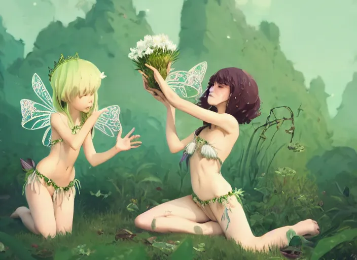 Prompt: two cute fairy girls playing with crown of flowers in plants bikini covered with celtic rune tattoos, fantasy, by atey ghailan, by greg rutkowski, by greg tocchini, by james gilleard, by joe gb fenton, by in kaethe butcher, dynamic lighting, gradient light green, brown, blonde cream and white color in scheme, grunge aesthetic