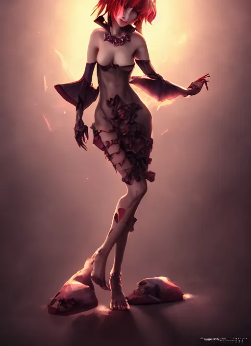 Image similar to beautiful fashion cute imp demon female strapless dress, character portrait in the style of thomas river and artgerm, wlop, cinematic lighting, hyperdetailed, 8 k realistic, symmetrical, global illumination, radiant light,, frostbite 3 engine, cryengine, dof, trending on artstation, digital art, chanel