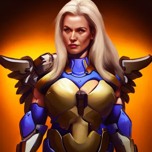 Image similar to a screenshot of arnold schwarzenegger as mercy in overwatch, angel wings, halo, portrait, fantasy, beautiful face, vivid colors, elegant, concept art, sharp focus, digital art, hyper - realistic, 4 k, unreal engine, highly detailed, hd, dramatic lighting by brom, trending on artstation