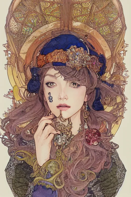 Prompt: zoomed out portrait of english princess, ornaments, stylized illustration by yoshitaka amano and moebius, watercolor gouache detailed paintings, mucha vibe, dieselpunk, solarpunk, artstation