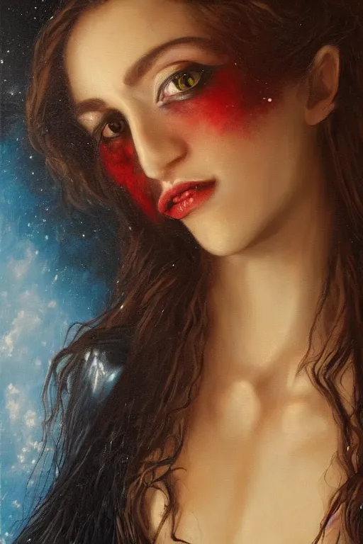 Image similar to hyperrealism oil painting, close - up portrait of european medieval brunette vampire fashion model, knight, steel gradient mixed with nebula sky, in style of baroque