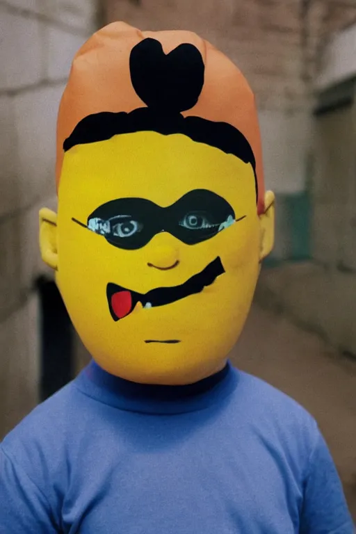 Prompt: Bobby Hill wearing a Bart Simpson mask Face Portrait, 8K Photography by Steve McCurry, unsettling