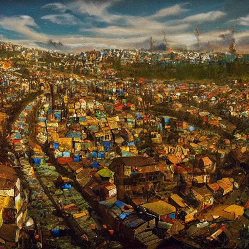 Prompt: jean francois milletas slum neighborhood on lord of the ring, justify content center, masterpiece content, incrinate contents detail, rgb color