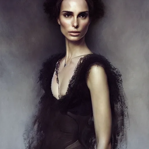Image similar to portrait of nathalie portman dressed by alexander mcqueen | highly detailed oil painting, hyperrealistic, very intrincate | cinematic lighting, award - winning | by roberto ferri, gustav klimt, william waterhouse and tom bagshaw | by austin osman spare and william blake, trending on artstation, cgsociety, official art, octane.