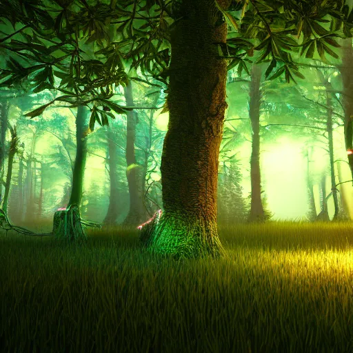 Image similar to A realistic strange neon lanscape, realistic, 4k resolution, detailled, realistic shaders, neon mushrooms, mushrooms particles, painting, forests, strange neon plants, realistic, detailled.