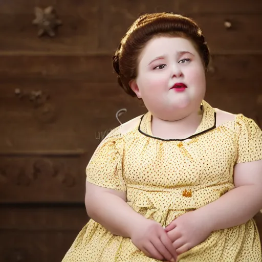 Image similar to charming and chubby girl, wearing a polka dot dress and a victorian - style hairdo on her head, sits in the large and bright studio. sunlight enters through the barred window. very realistic shiny skin. subsurface scattering shiny skin. beautiful lighting, 4 k post - processing, highly detailed, 5 k extremely detailed, 3 d. cinematic scene.