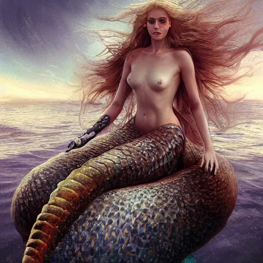 Image similar to High detail painting of a mermaid standin in an oyster, underwater fantasy world, full body, long blonde hair, blue eyes, fish tail, digital art, highly detailed, Greg Rutkowski, Chris Moore