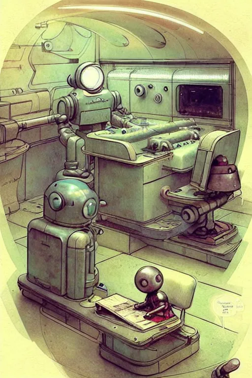 Prompt: childrens book panel creative layout ( ( ( ( ( 1 9 5 0 s retro future robot lab interior. muted colors. ) ) ) ) ) by jean - baptiste monge!!!!!!!!!!!!!!!!!!!!!!!!!!!!!!