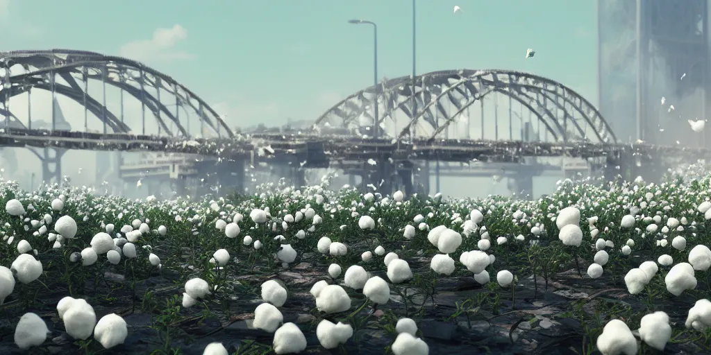 Prompt: explosions in the form of realistic white cotton plants on harbour bridge, huge white cotton everywhere on the destroyed harbour bridge, smooth, sharp focus, highly detailed, 3 d octane render, epic lighting, lots of white cotton, 8 k, by goro fujita