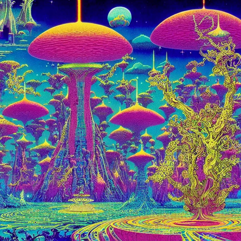 Image similar to mysterious ufo hovering over magical crystal temple, bright neon colors, highly detailed, cinematic, hiroo isono, tim white philippe druillet, roger dean, lisa frank, aubrey beardsley, ernst haeckel