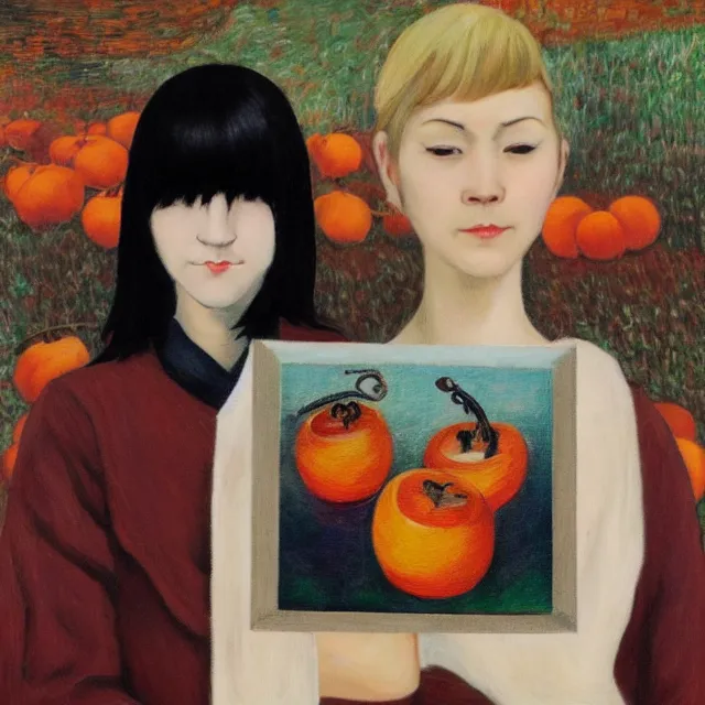 Prompt: tall emo girl artist holding small portraits and a persimmon, on shinkansen in tokyo, shinagawa station, pigs, octopus, acrylic on canvas, surrealist, by magritte and monet