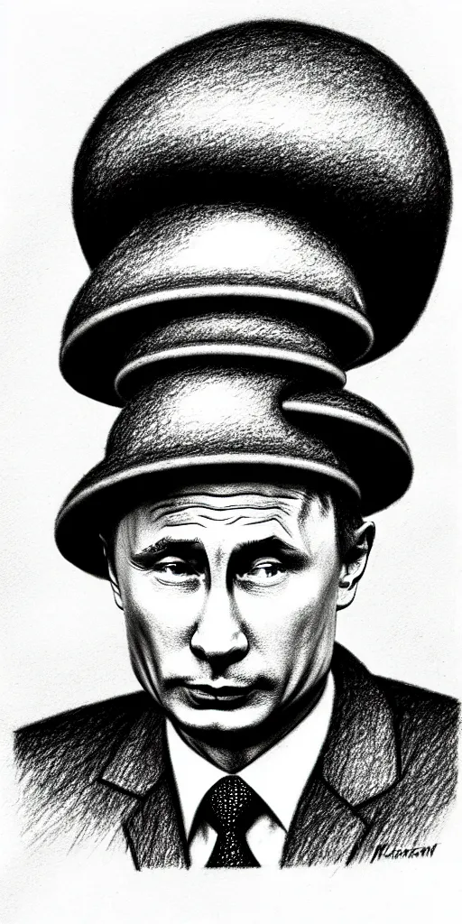 Image similar to vladimir putin with a mushroom cloud hat, cartoonish, ultra detailed pencil drawing