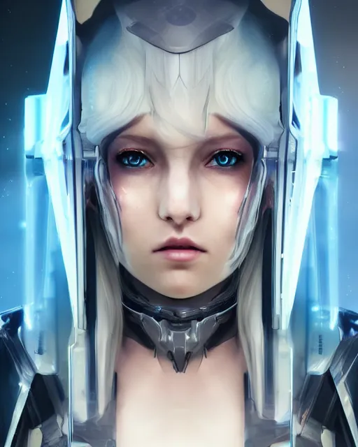 Image similar to perfect android girl on a mothership, warframe armor, beautiful face, scifi, futuristic, galaxy, nebula, raytracing, dreamy, long white hair, blue cyborg eyes, sharp focus, cinematic lighting, highly detailed, artstation, divine, by gauthier leblanc, kazuya takahashi, huifeng huang