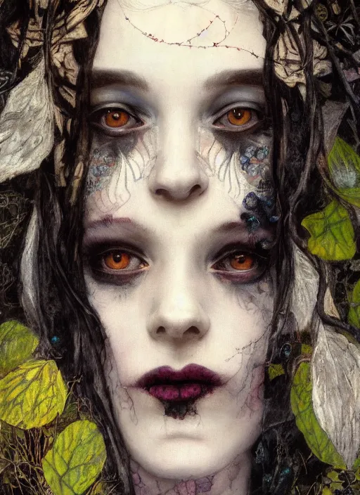 Prompt: close up portrait of a beautiful gothic woman in a forrest with long dark hair and black lipstick, wearing a scarf with colourful intricate psychodelic patterns, by edgar maxence and caravaggio and michael whelan and delacroix style, artistic, intricate drawing, light brazen, realistic fantasy, extremely detailed and beautiful aesthetic face, establishing shot, 8 k resolution, dramatic lighting