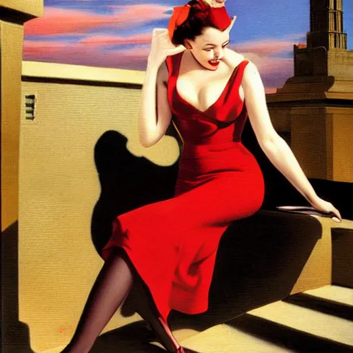 Prompt: woman, city, street, kitten heel, by gil elvgren, olivia