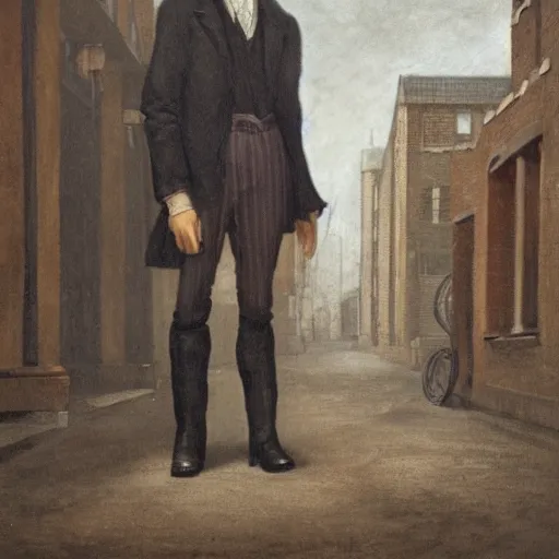 Image similar to portrait of a villain, standing in a gaslit london alleyway