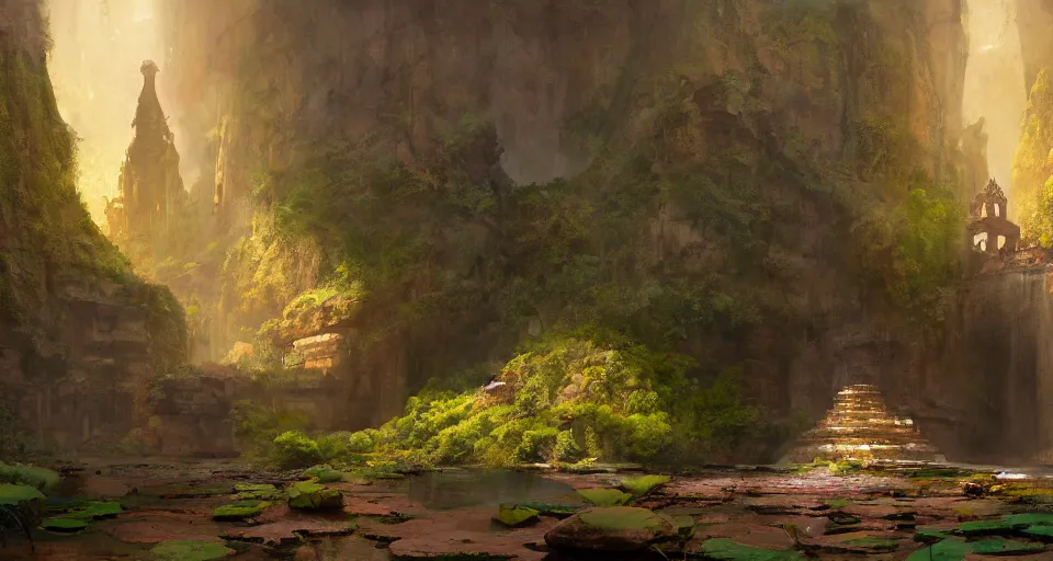 Image similar to indian ancient temple hidden looks like a lotus in a cave waterfalls around, realistic concept art, eytan zana, one pixel brush, by eugene von guerard, ivan shishkin, dramatic lighting, concept art, trending on artstation