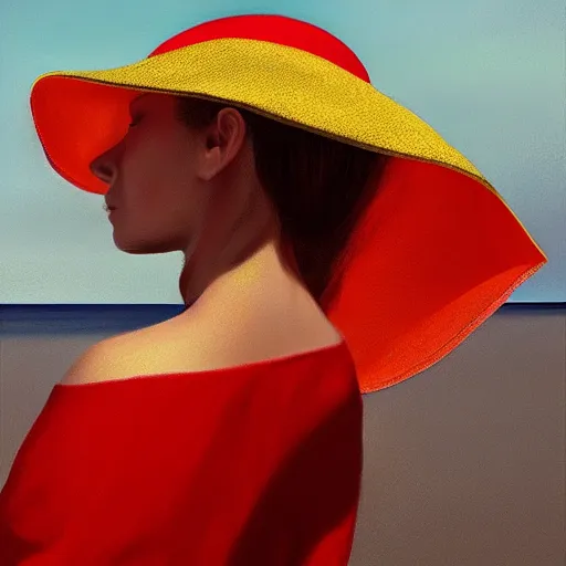 Prompt: beautiful oil matte portrait painting, young woman with red dress and mustard yellow summer hat at a beach on a sunny day, wonderful masterpiece highly detailed, beautiful cinematic light deep focus, elegant, digital painting, smooth, sharp focus, golden ratio, dramatic illumination, ultra realistic, 8 k, art by jimmy law