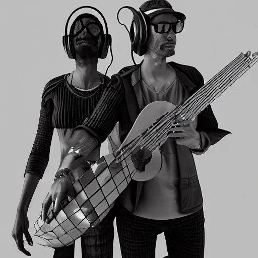 Prompt: RPG character concept art, duo of musicians wearing holographic headset interface, in the style of Jamie Hewlett Hiroya Oku Riyoko Ikeda, 3d render, artstation trending, 8k, octane render, photorealistic, sharp detail, manga, black and white