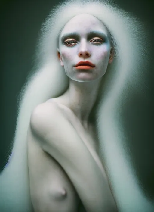 Image similar to cinestill 5 0 d photo portrait of a beautiful metamorphs with woman face, body in weird marble, white hair floating in air, in style of tim walker by roberto ferri, 1 5 0 mm lens, f 1. 2, ethereal, emotionally evoking, head in focus, bokeh volumetric lighting, tonal colors outdoor