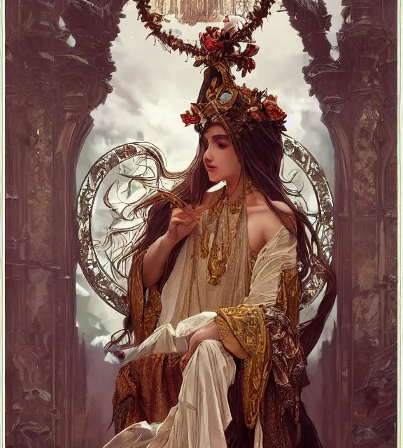 Prompt: god of death and rebirth, elegant dress, very detailed, sat on a throne, very intricate details, elaborate long hairstyle, cinematic, artstation, alphonse mucha, greg rutkowski, rossdraws, octane render