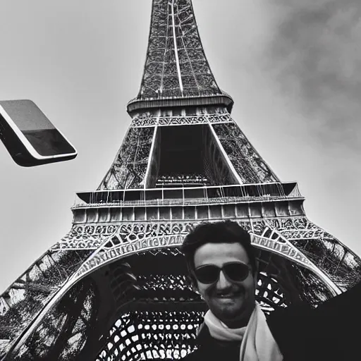 Image similar to wolfgang mozart taking a selfie in front on the eiffel tower, photo, high quality, intricate detail