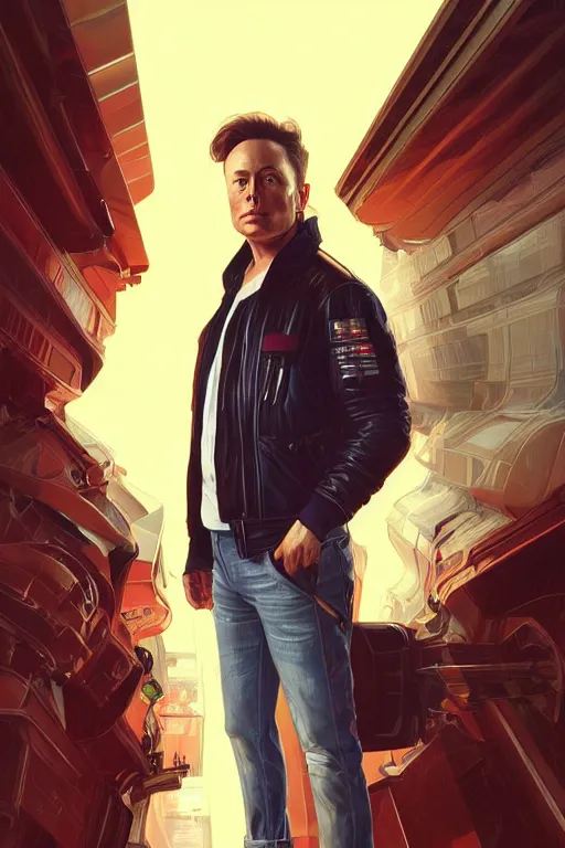 Image similar to elon musk as marty mcfly, realistic portrait, symmetrical, highly detailed, digital painting, artstation, concept art, smooth, sharp focus, illustration, cinematic lighting, art by artgerm and greg rutkowski and alphonse mucha