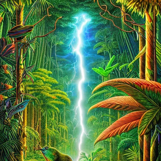 Image similar to visionary art, rainforest trapped within a lightning bolt, with great birds, rich geometry, precise and incredibly highly detailed intricate 8 k wallpaper, john stephens, lisa frank, intricate stunning award winning masterpiece trending on artstation