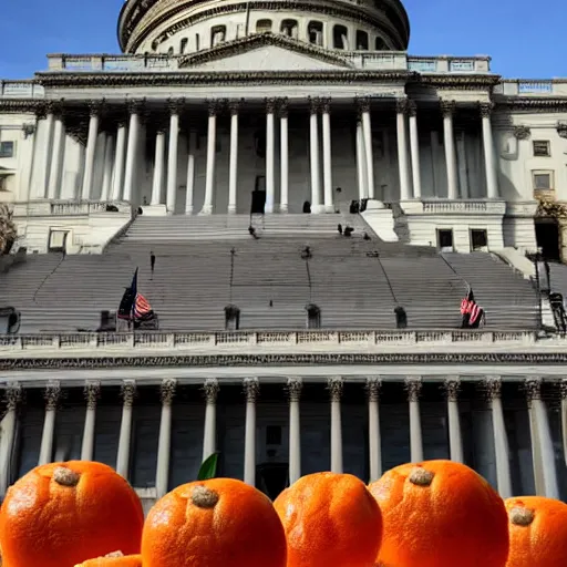 Prompt: Photo of the United States Capitol on January 6 under siege by oranges, reuters