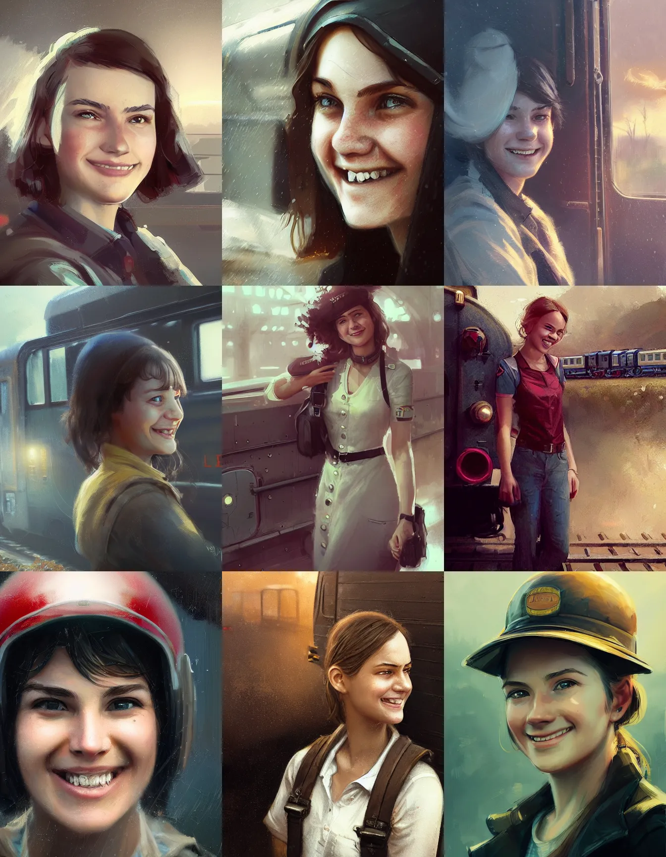 Prompt: young female train driver, posing with her train, smiling, digital portrait by greg rutkowski, intricate, soft focus, highly detailed, cinematic, epic, artstation